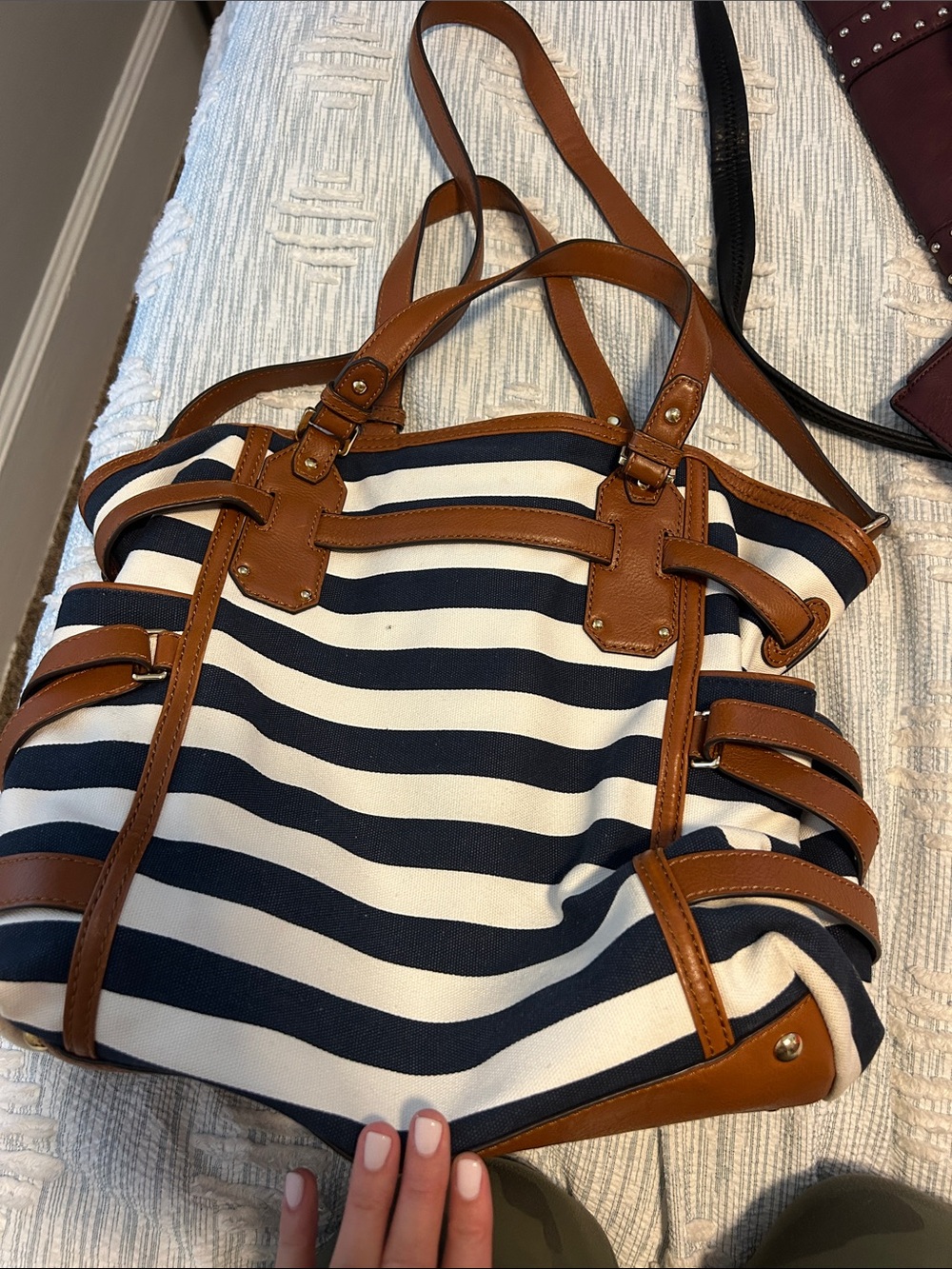 Michael Kors Navy & White Striped Tote with Brown Trim - Picture 2 of 3